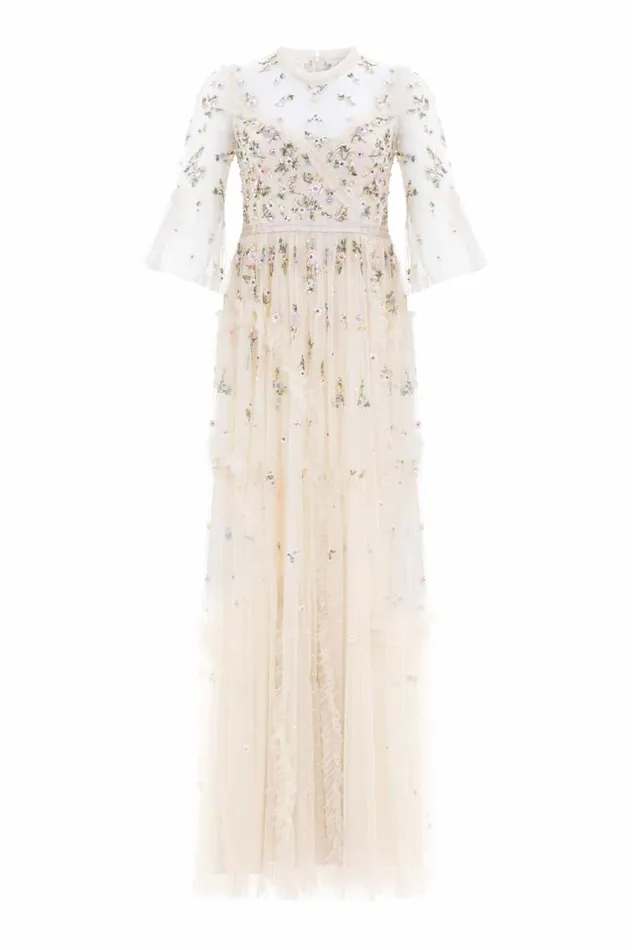 Women Embellished Dresses Needle and Thread Shimmer Ditsy Long Sleeve Gown Champagne