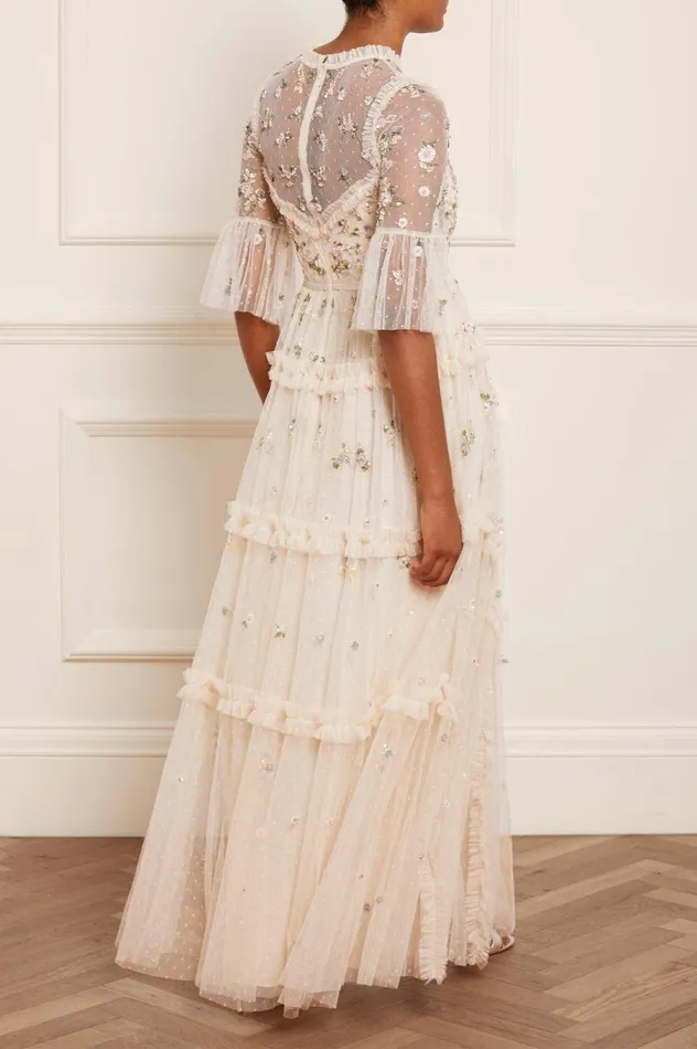 Women Embellished Dresses Needle and Thread Shimmer Ditsy Long Sleeve Gown Champagne