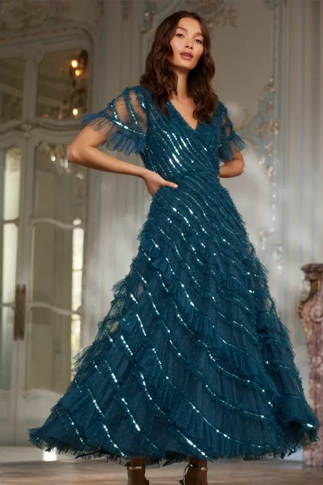 Women Embellished Dresses Needle and Thread Spiral Sequin VNeck Ankle Gown Blue