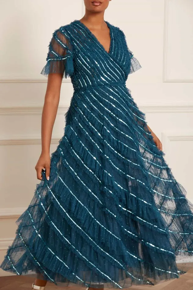 Women Embellished Dresses Needle and Thread Spiral Sequin VNeck Ankle Gown Blue