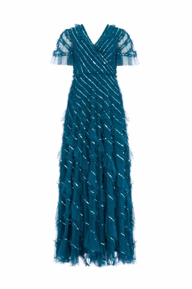 Women Embellished Dresses Needle and Thread Spiral Sequin VNeck Ankle Gown Blue