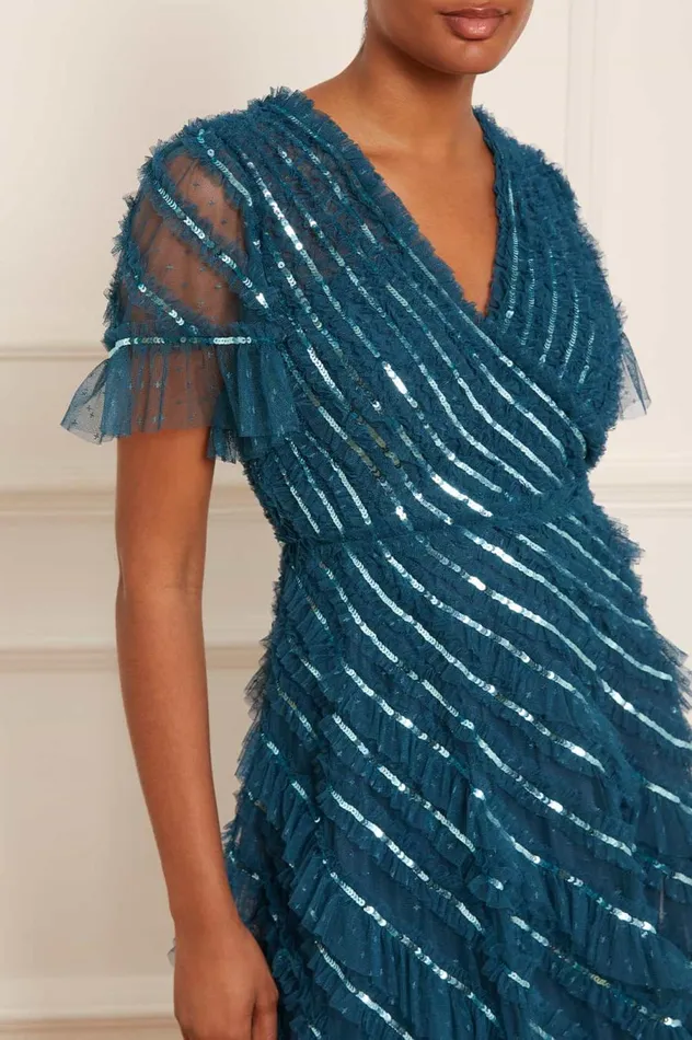 Women Embellished Dresses Needle and Thread Spiral Sequin VNeck Ankle Gown Blue