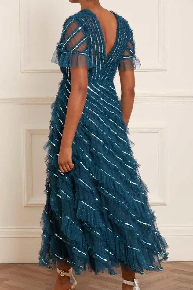 Women Embellished Dresses Needle and Thread Spiral Sequin VNeck Ankle Gown Blue
