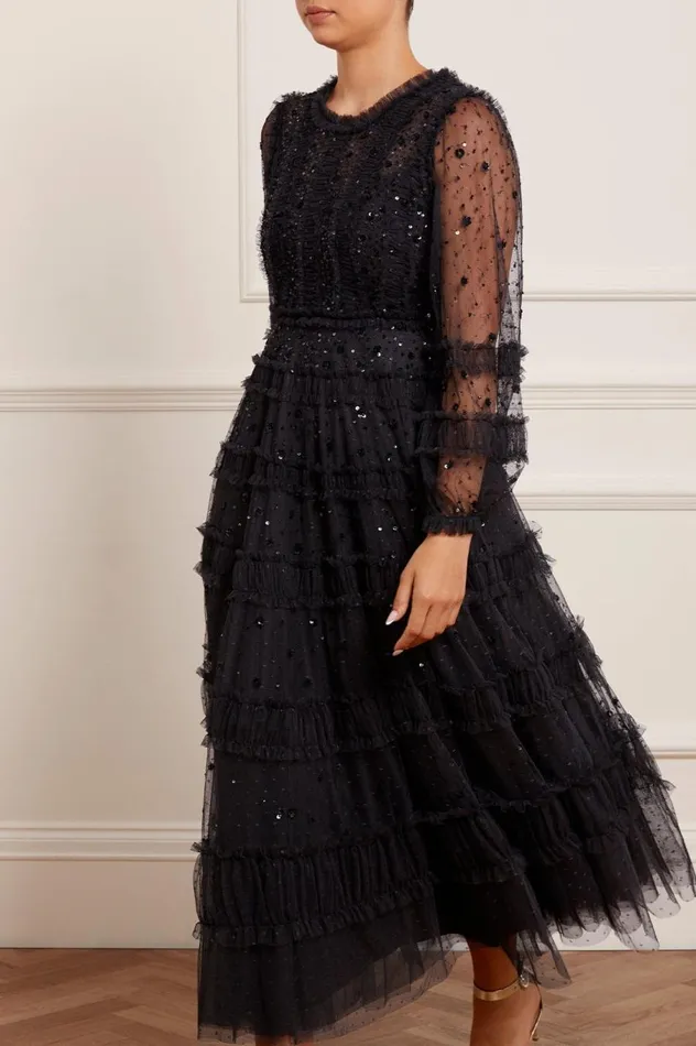 Women Embellished Dresses Needle and Thread Violet Shimmer Ankle Gown Black