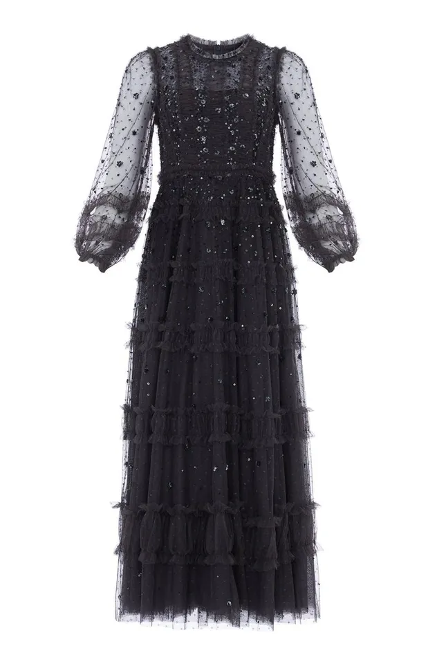 Women Embellished Dresses Needle and Thread Violet Shimmer Ankle Gown Black