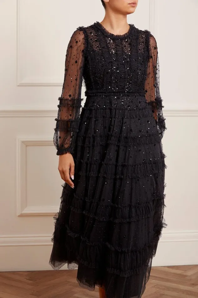 Women Embellished Dresses Needle and Thread Violet Shimmer Ankle Gown Black