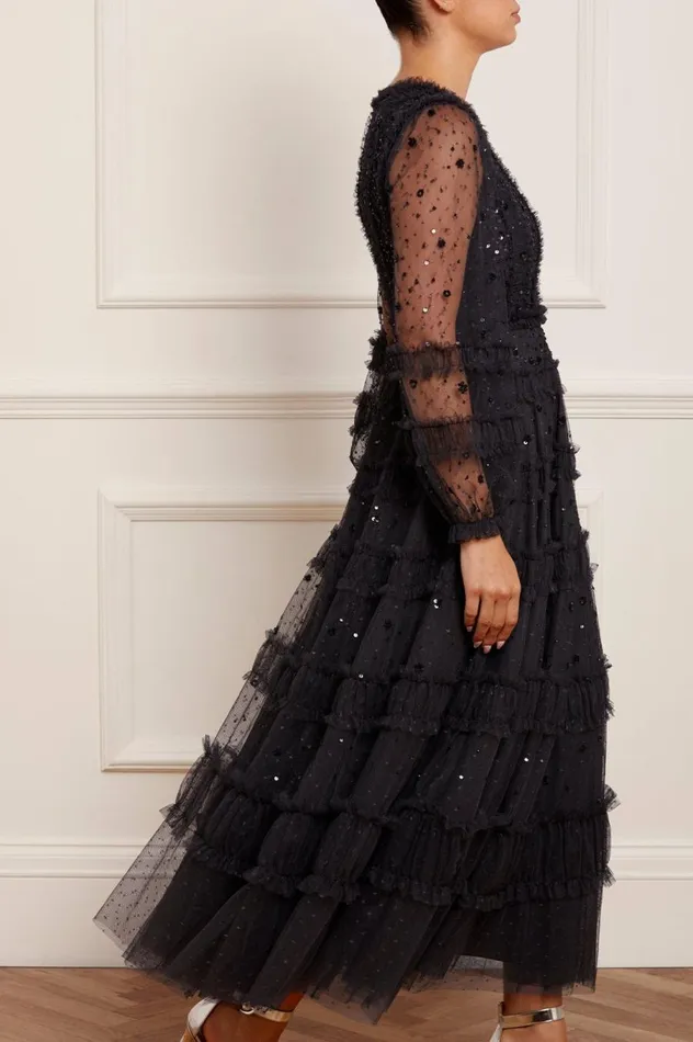 Women Embellished Dresses Needle and Thread Violet Shimmer Ankle Gown Black