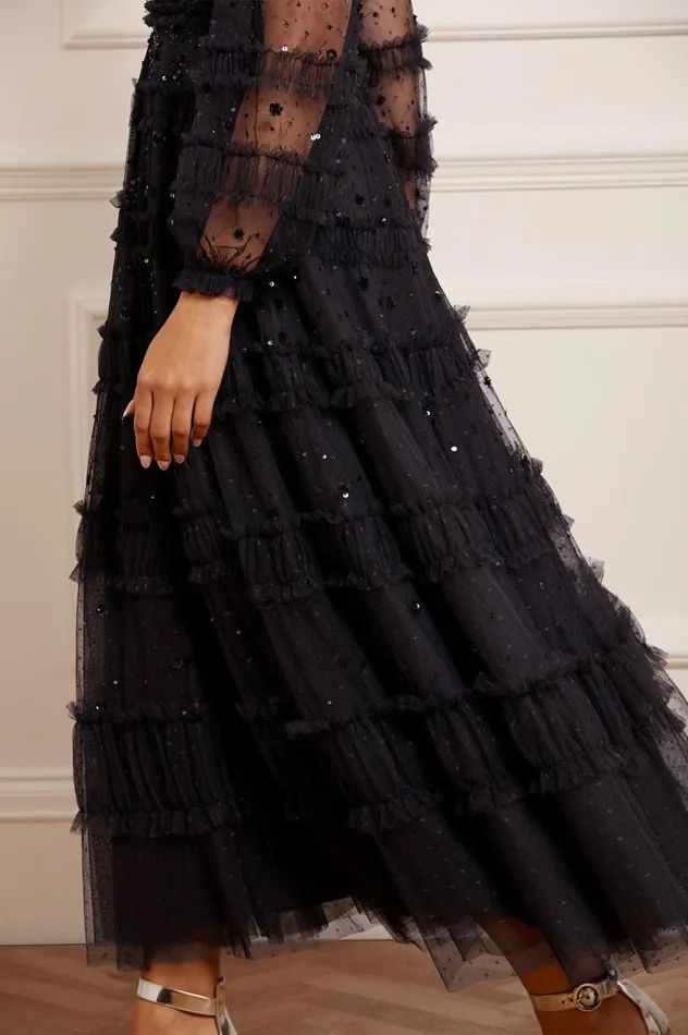 Women Embellished Dresses Needle and Thread Violet Shimmer Ankle Gown Black