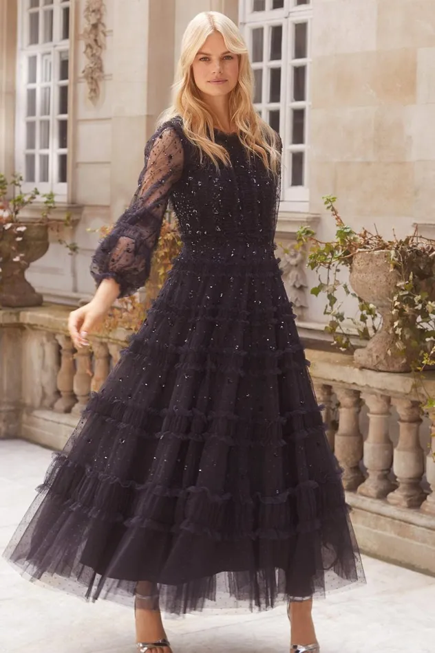 Women Embellished Dresses Needle and Thread Violet Shimmer Ankle Gown Black
