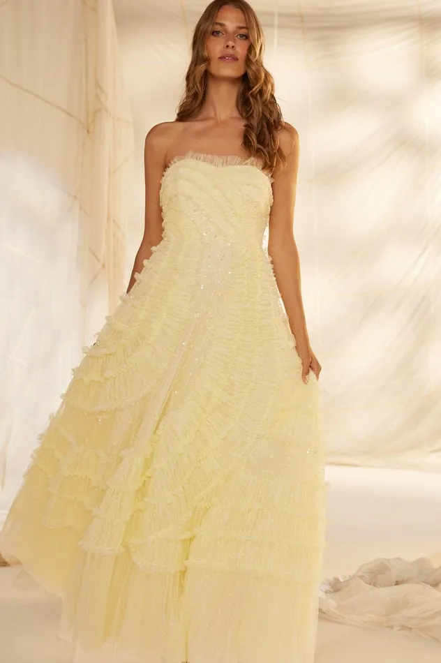 Women Embellished Dresses Needle and Thread Violet Shimmer Strapless Gown Yellow