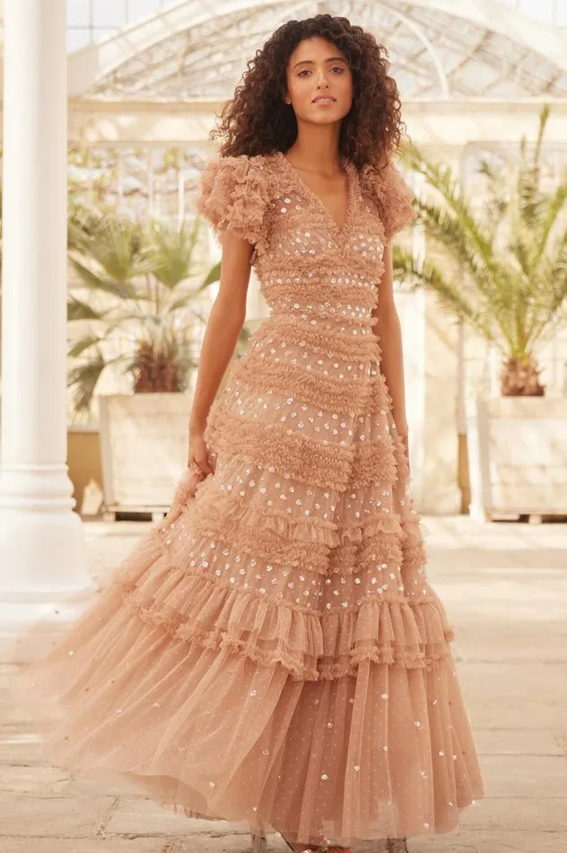 Women Embellished Dresses Needle and Thread Vivian VNeck Gown Beige