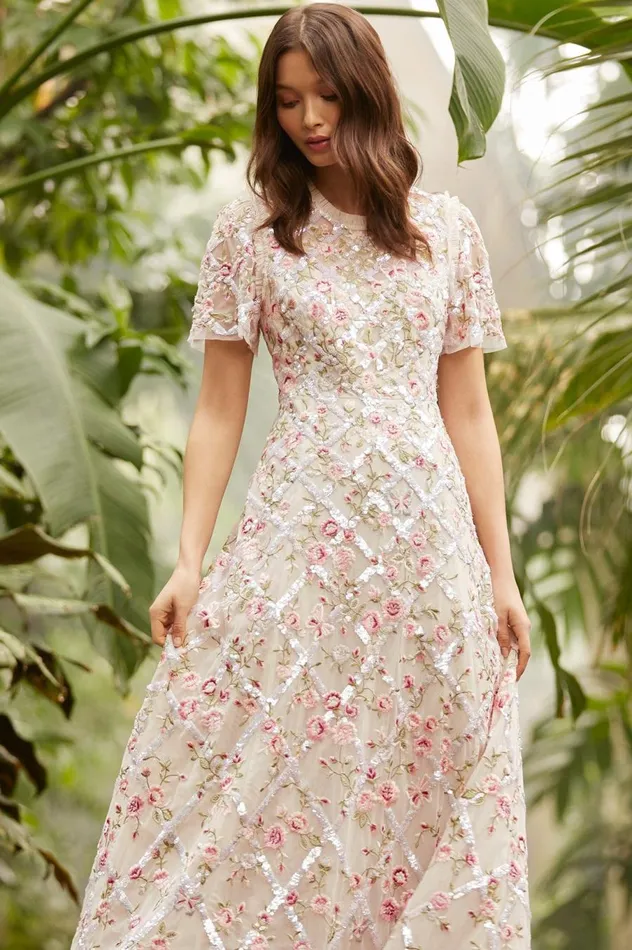 Women Embroidered Dresses Needle and Thread Athena Rose Ankle Gown Champagne Women Embroidered Dresses Needle and Thread Athena Rose Ankle Gown Champagne