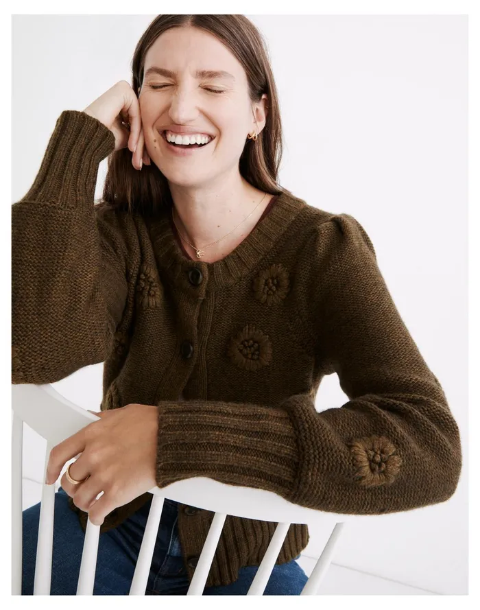 Women Embroidered Edencroft Pleat Sleeve Cardigan Sweater Heather Spinach Madewell Sweaters