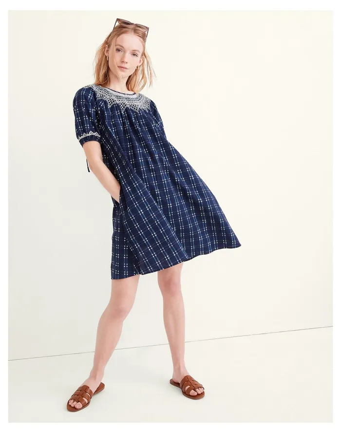 Women Embroidered Puff Sleeve Babydoll Dress In Indigo Plaid Shibori Plaid Madewell Dresses