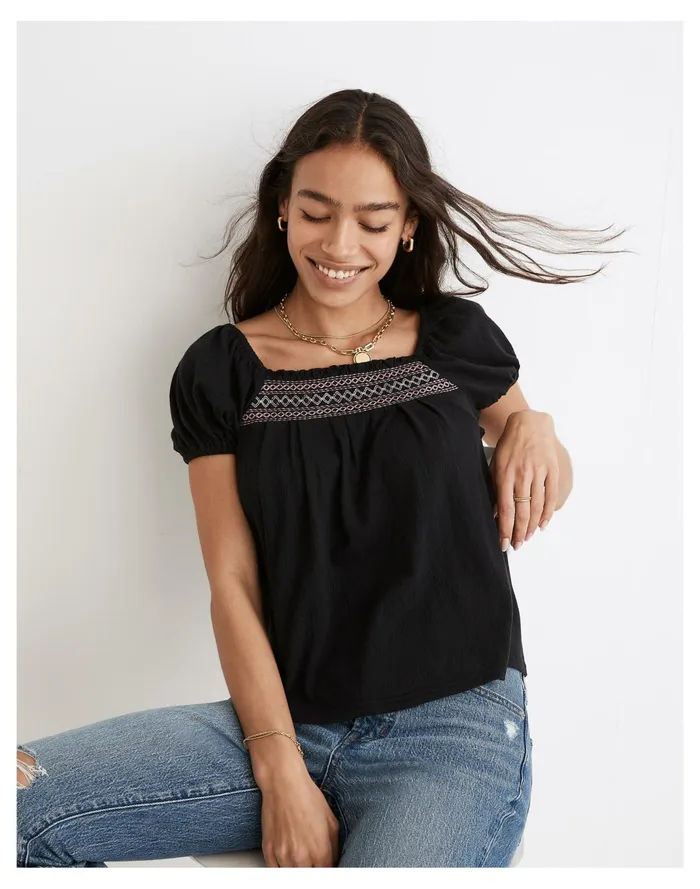 Women Embroidered Square Neck Top True Black Madewell Tops and Shirts