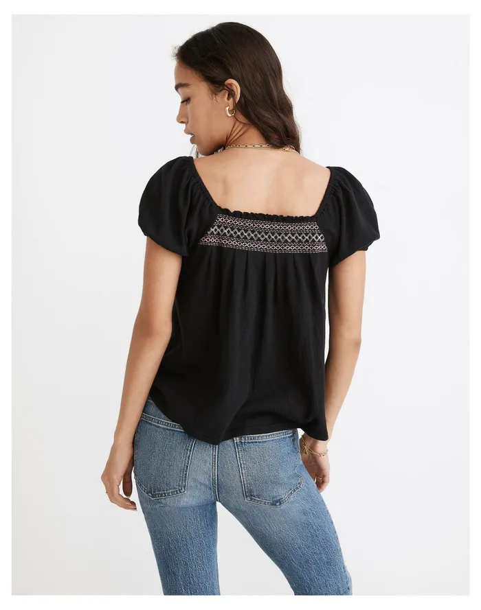 Women Embroidered Square Neck Top True Black Madewell Tops and Shirts Women Embroidered Square Neck Top True Black Madewell Tops and Shirts