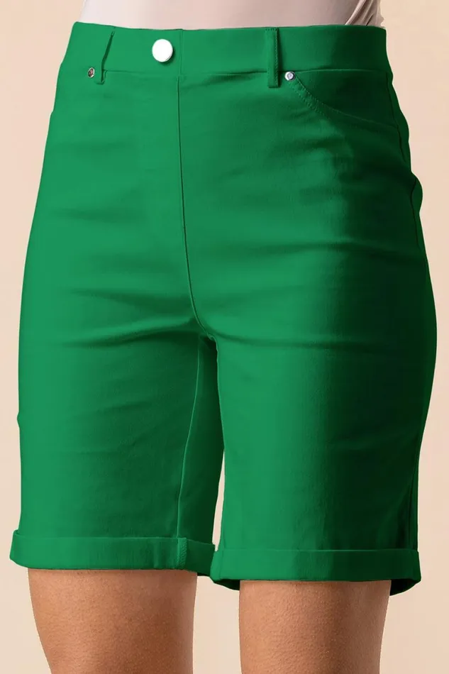 Women Emerald Elastic Waist Turn Up Stretch Shorts Roman Coords