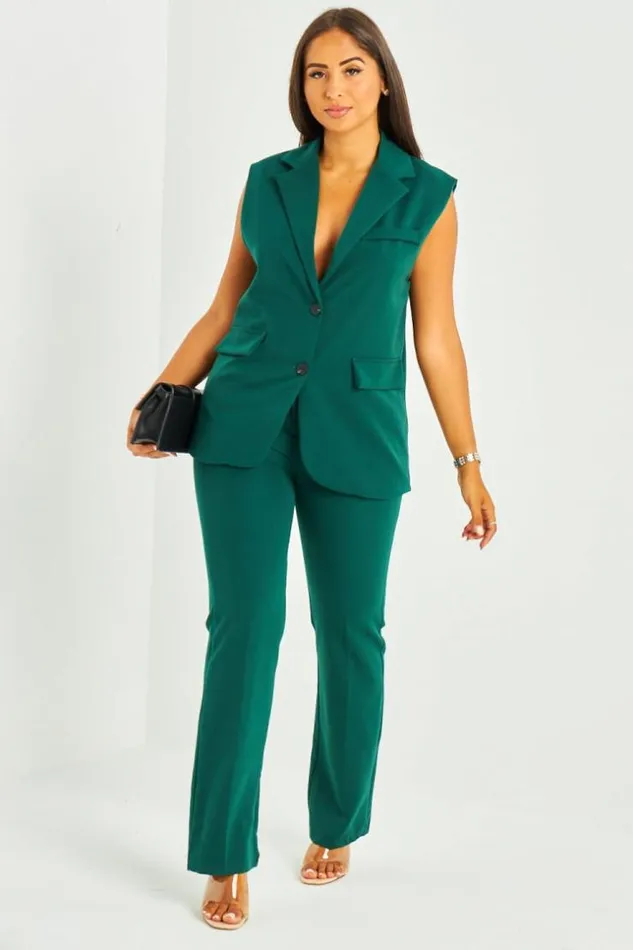 Women Ensemble 2 Pices Blazer Sans Manches Pantalon Vert Fonc Green Brentiny Paris Pants