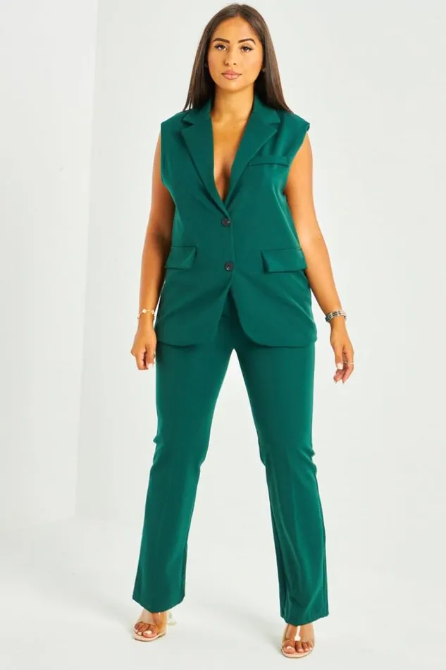 Women Ensemble 2 Pices Blazer Sans Manches Pantalon Vert Fonc Green Brentiny Paris Pants Women Ensemble 2 Pices Blazer Sans Manches Pantalon Vert Fonc Green Brentiny Paris Pants