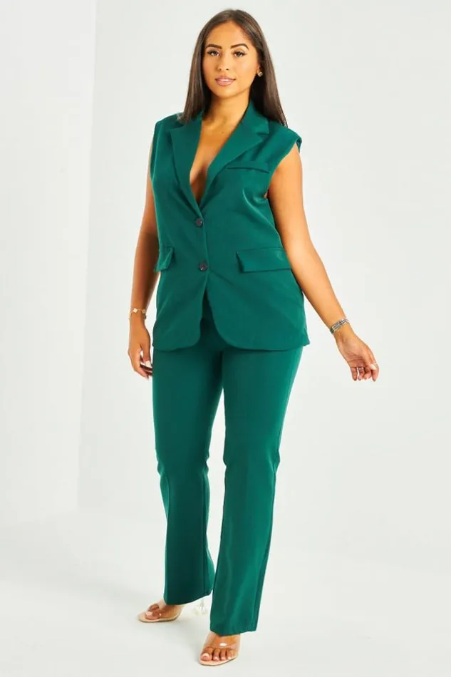 Women Ensemble 2 Pices Blazer Sans Manches Pantalon Vert Fonc Green Brentiny Paris Pants Women Ensemble 2 Pices Blazer Sans Manches Pantalon Vert Fonc Green Brentiny Paris Pants