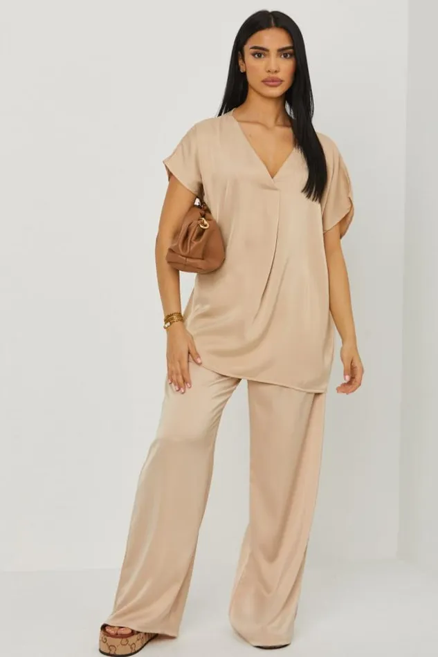 Women Ensemble 2 Pices Blouse Pantalon Satin Beige Beige Brentiny Paris Sets With Top Bottoms Women Ensemble 2 Pices Blouse Pantalon Satin Beige Beige Brentiny Paris Sets With Top Bottoms