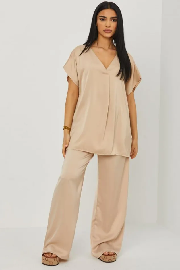 Women Ensemble 2 Pices Blouse Pantalon Satin Beige Beige Brentiny Paris Sets With Top Bottoms Women Ensemble 2 Pices Blouse Pantalon Satin Beige Beige Brentiny Paris Sets With Top Bottoms