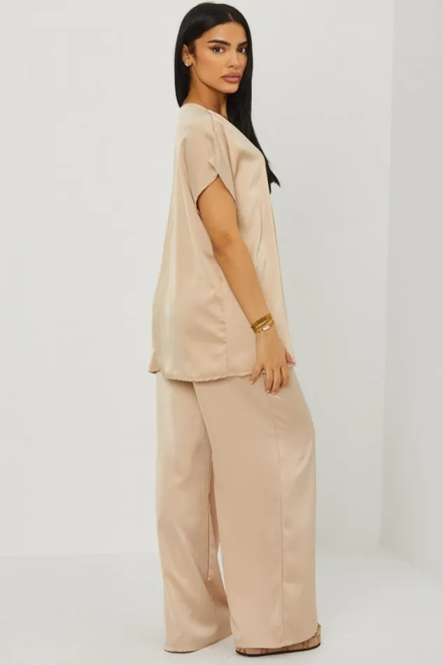 Women Ensemble 2 Pices Blouse Pantalon Satin Beige Beige Brentiny Paris Sets With Top Bottoms Women Ensemble 2 Pices Blouse Pantalon Satin Beige Beige Brentiny Paris Sets With Top Bottoms