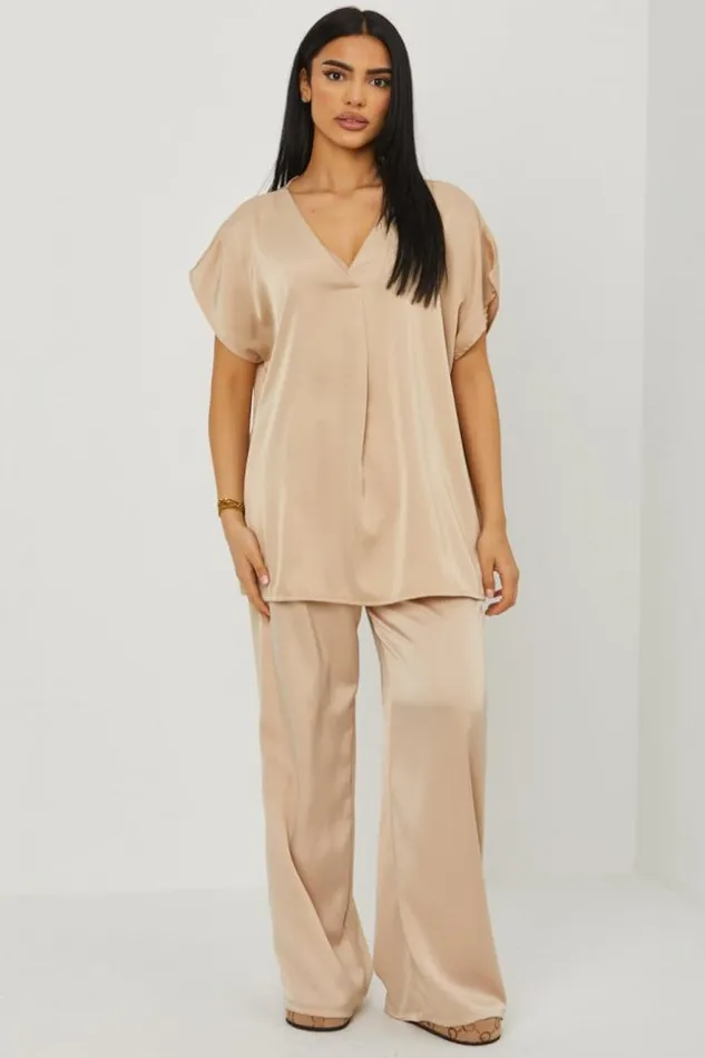 Women Ensemble 2 Pices Blouse Pantalon Satin Beige Beige Brentiny Paris Sets With Top Bottoms Women Ensemble 2 Pices Blouse Pantalon Satin Beige Beige Brentiny Paris Sets With Top Bottoms