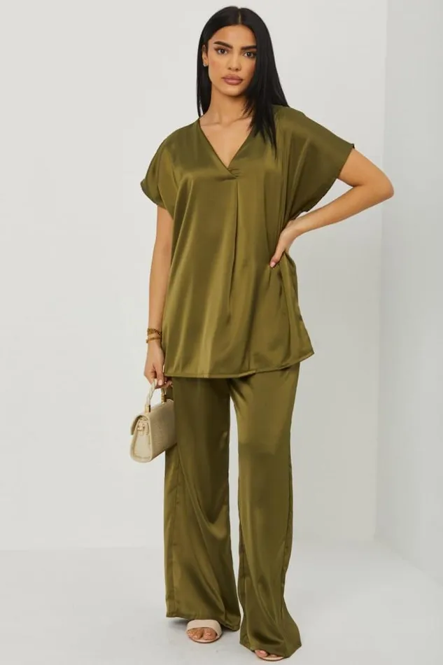 Women Ensemble 2 Pices Blouse Pantalon Satin Kaki Khaki Brentiny Paris Sets With Top Bottoms Women Ensemble 2 Pices Blouse Pantalon Satin Kaki Khaki Brentiny Paris Sets With Top Bottoms