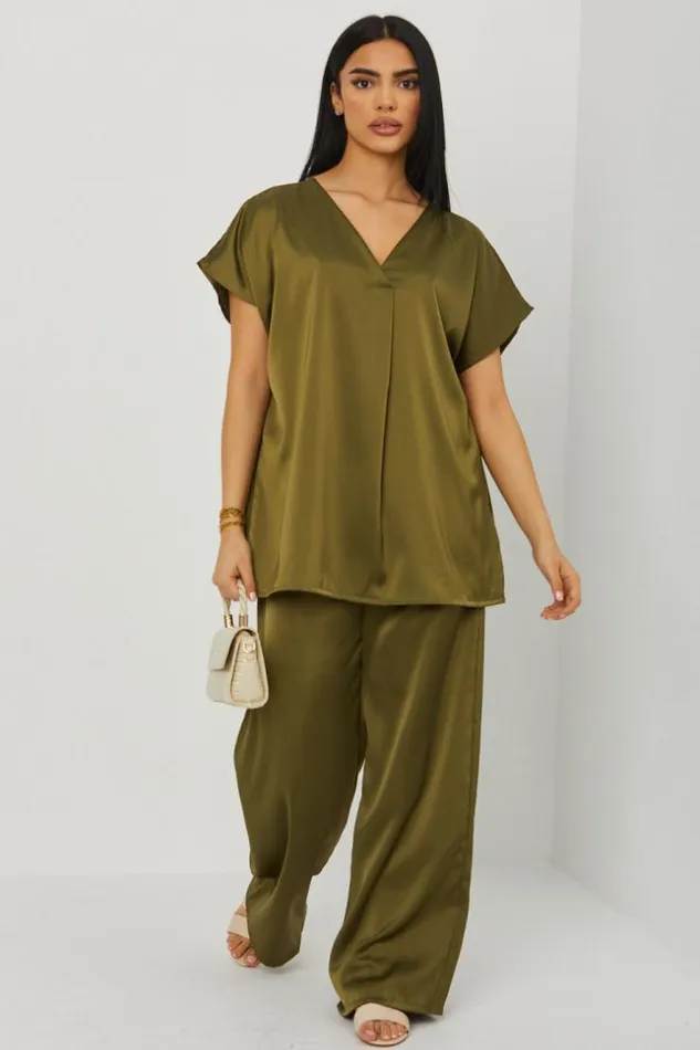 Women Ensemble 2 Pices Blouse Pantalon Satin Kaki Khaki Brentiny Paris Sets With Top Bottoms Women Ensemble 2 Pices Blouse Pantalon Satin Kaki Khaki Brentiny Paris Sets With Top Bottoms