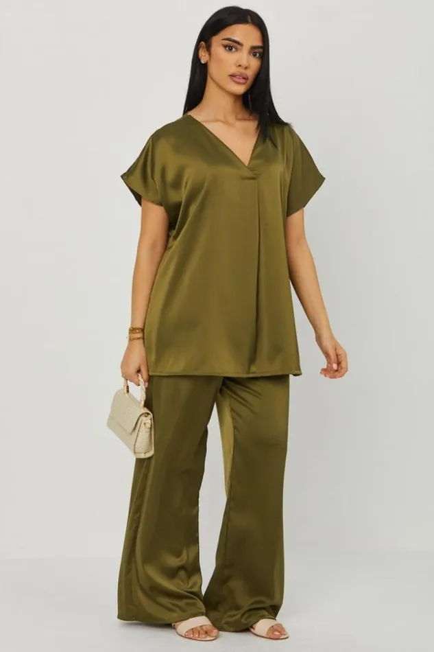 Women Ensemble 2 Pices Blouse Pantalon Satin Kaki Khaki Brentiny Paris Sets With Top Bottoms Women Ensemble 2 Pices Blouse Pantalon Satin Kaki Khaki Brentiny Paris Sets With Top Bottoms