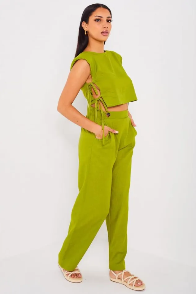 Women Ensemble 2 Pices Crop Top Pantalon Vert En Lin Green Brentiny Paris Pants
