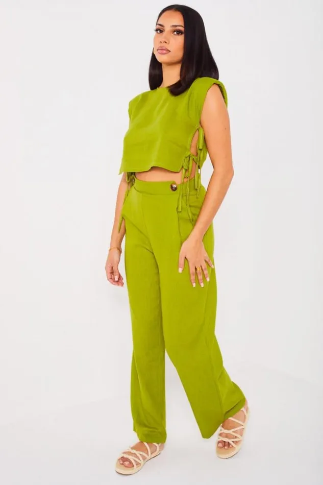 Women Ensemble 2 Pices Crop Top Pantalon Vert En Lin Green Brentiny Paris Pants Women Ensemble 2 Pices Crop Top Pantalon Vert En Lin Green Brentiny Paris Pants