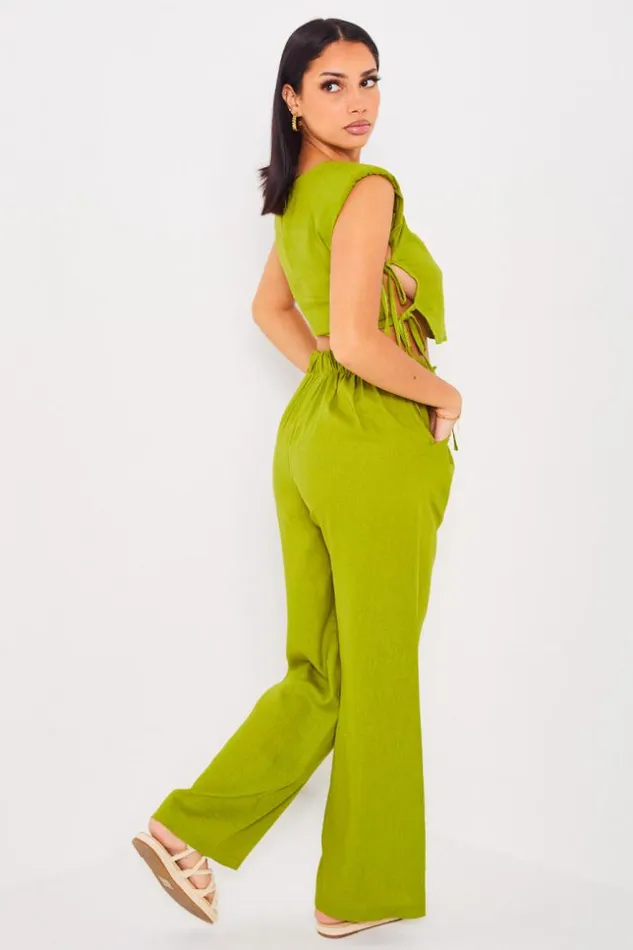 Women Ensemble 2 Pices Crop Top Pantalon Vert En Lin Green Brentiny Paris Pants Women Ensemble 2 Pices Crop Top Pantalon Vert En Lin Green Brentiny Paris Pants