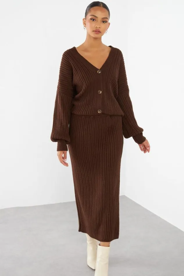 Women Ensemble 2 Pices Gilet Jupe En Maille Marron Brown Brentiny Paris Cardigans