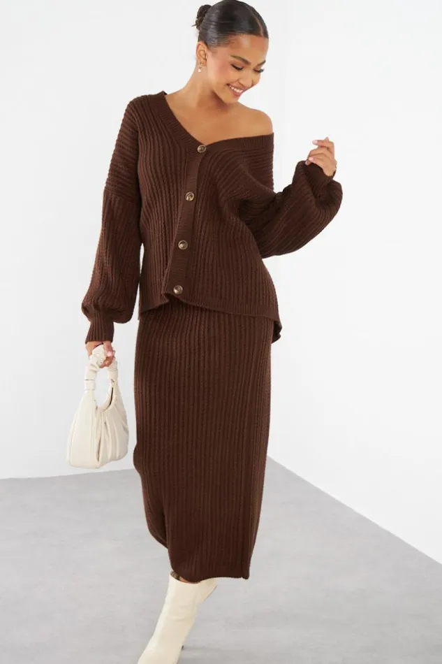 Women Ensemble 2 Pices Gilet Jupe En Maille Marron Brown Brentiny Paris Cardigans Women Ensemble 2 Pices Gilet Jupe En Maille Marron Brown Brentiny Paris Cardigans