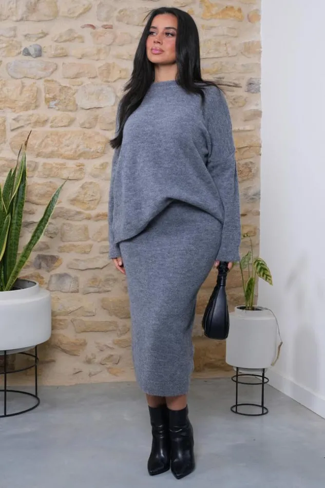 Women Ensemble 2 Pices Pull Jupe Grise Texture Grey Brentiny Paris White Tops