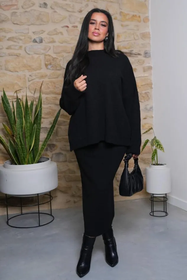 Women Ensemble 2 Pices Pull Jupe Noire Texture Black Brentiny Paris White Tops