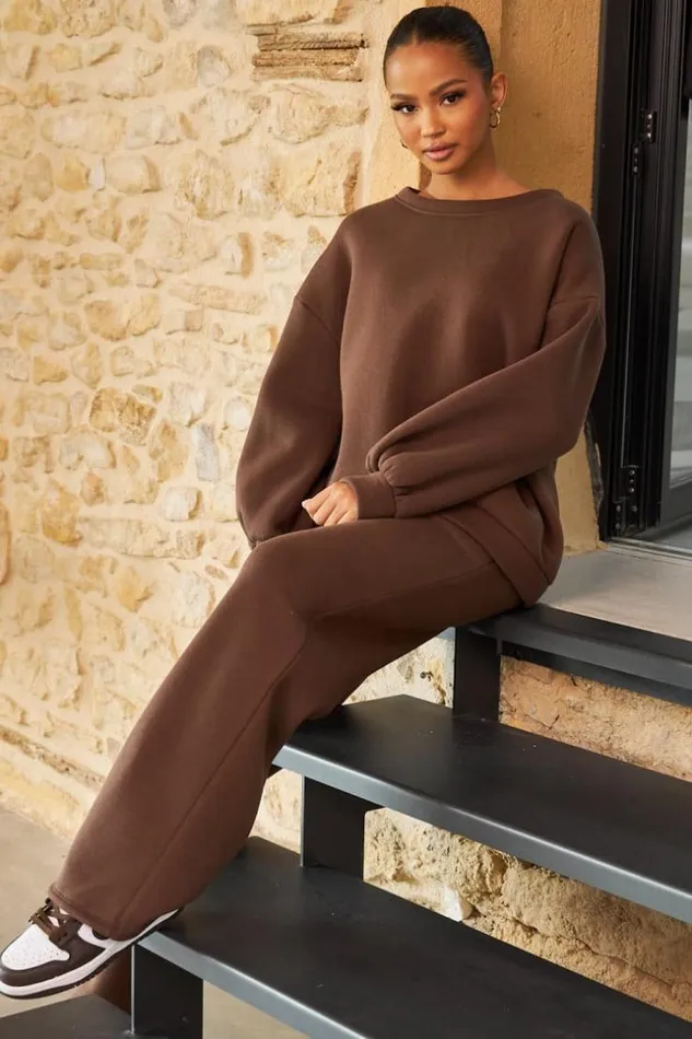 Women Ensemble 2 Pices Sweat Jogging Marron Brown Brentiny Paris Sets With Top Bottoms