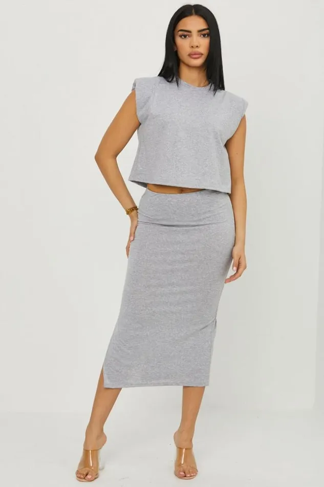 Women Ensemble 2 Pices Top Jupe Gris Grey Brentiny Paris Sets With Top Bottoms
