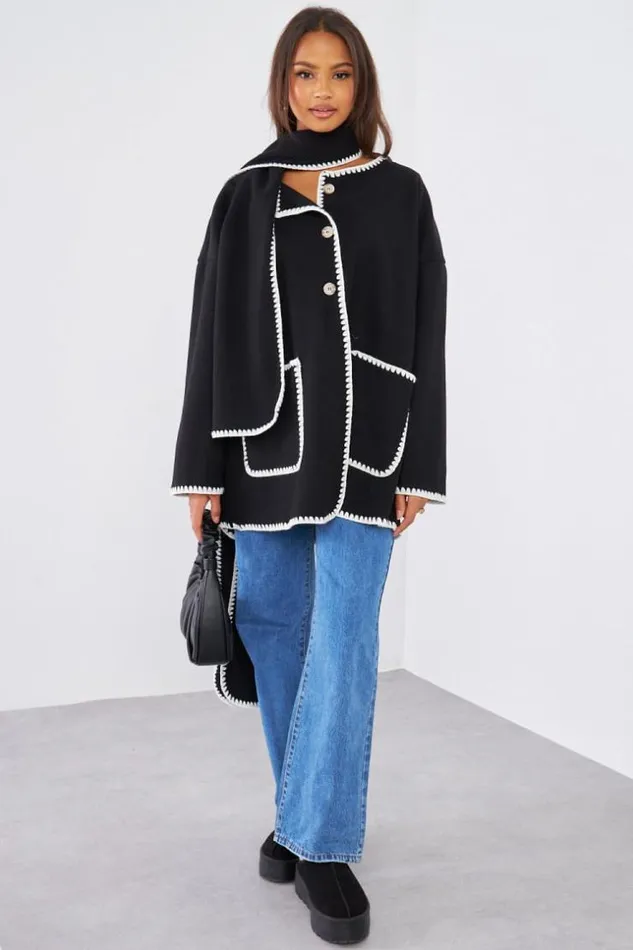 Women Ensemble 2 Pices Veste charpe Noire Couture En Relief Black Brentiny Paris Jackets