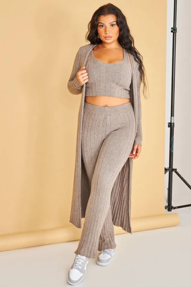 Women Ensemble 3 Pices Gilet Top Pantalon Taupe Ctel Darkbeige Brentiny Paris Cardigans