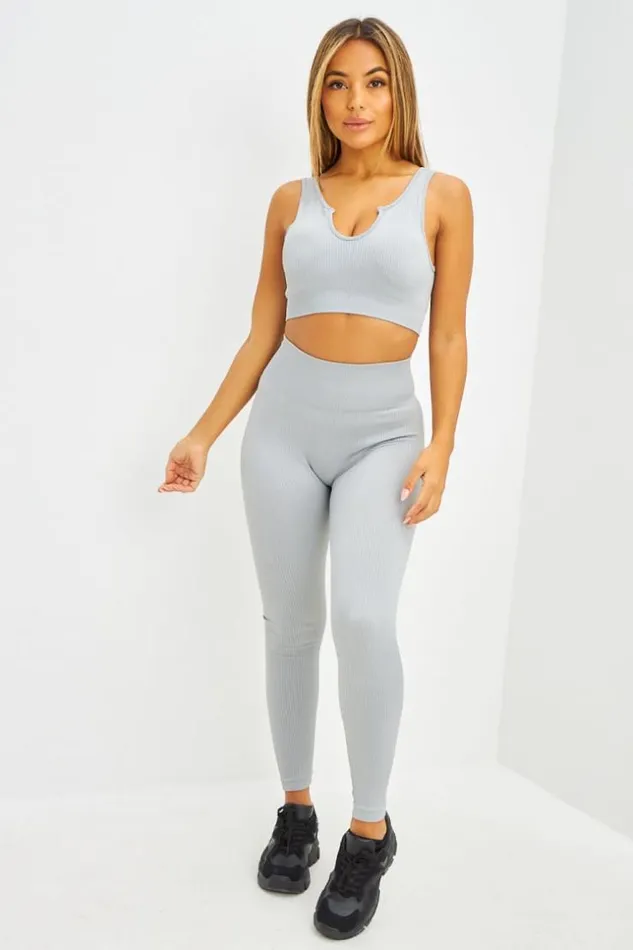 Women Ensemble Brassire Legging De Sport Gris Grey Brentiny Paris Sports Sets
