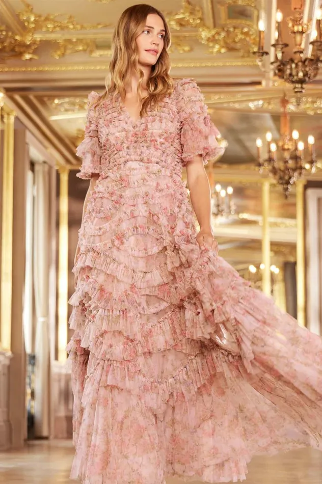 Women Evening Dresses Needle and Thread Floral Wreath Phoenix VNeck Gown Pink