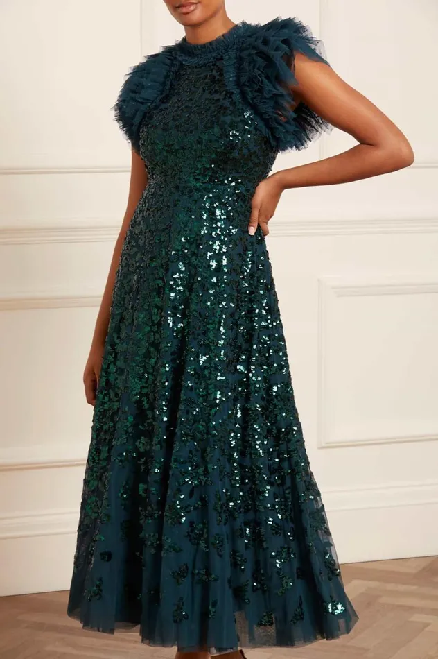 Women Evening Dresses Needle and Thread Sequin Rose Ankle Gown Green