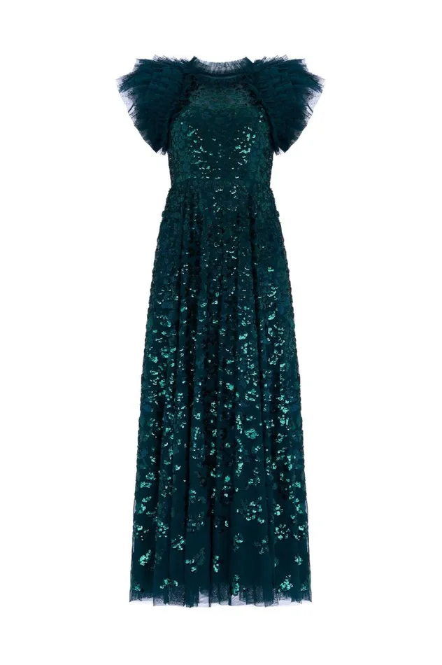 Women Evening Dresses Needle and Thread Sequin Rose Ankle Gown Green