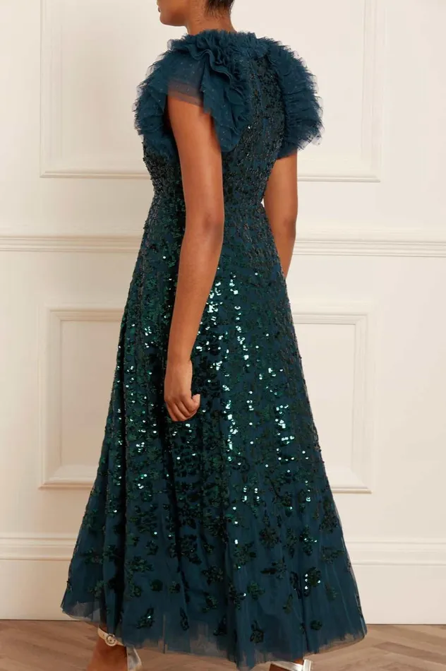 Women Evening Dresses Needle and Thread Sequin Rose Ankle Gown Green