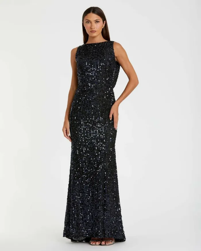 Women Evening Gowns Mac Duggal Blue Cowl Back Boat Neck Sequined Evening Gown Midnight