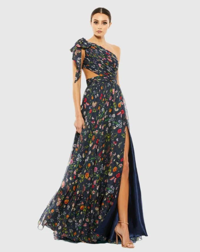 Women Evening Gowns Mac Duggal Blue Tied One Shoulder CutOut Flowy Gown Navymulti