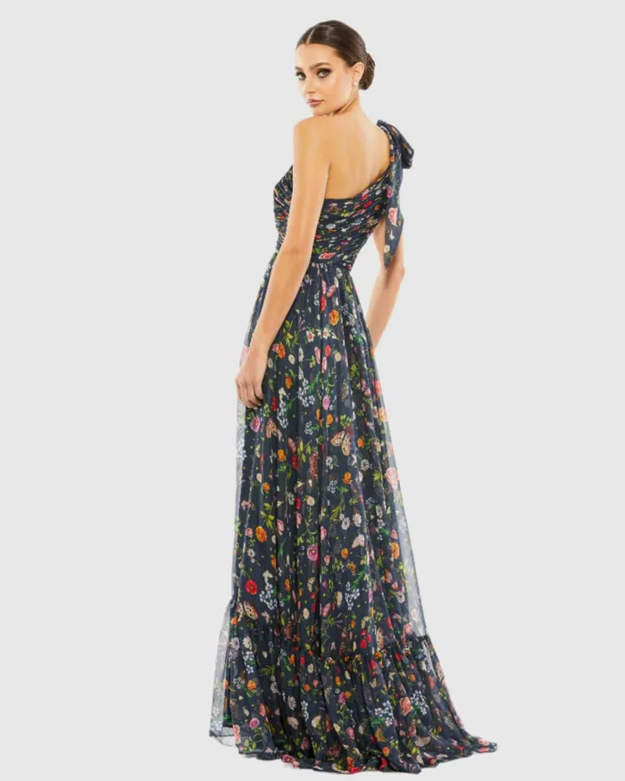 Women Evening Gowns Mac Duggal Blue Tied One Shoulder CutOut Flowy Gown Navymulti
